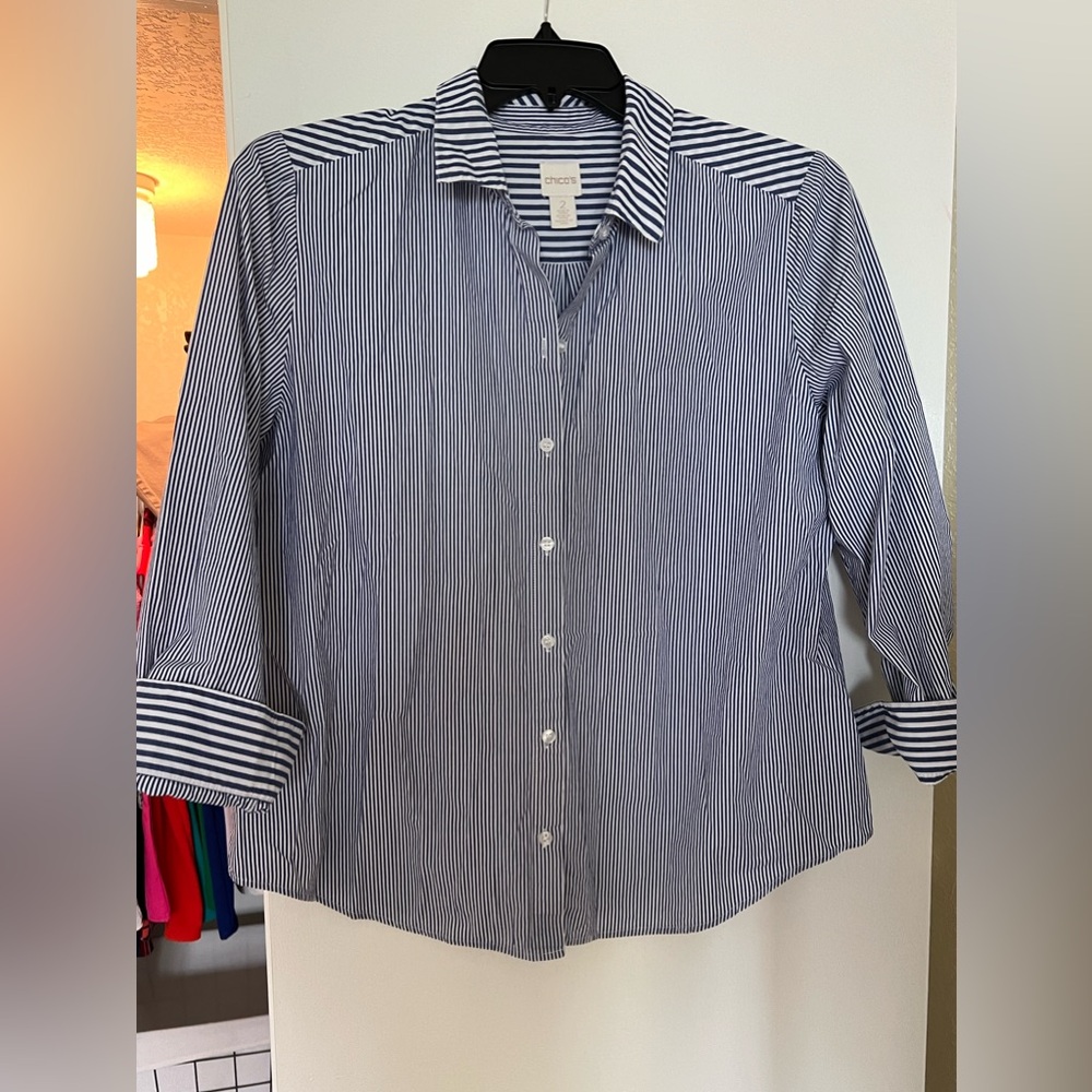 Chicos size 2 (12-14) striped button up 3/4 length sleeve top